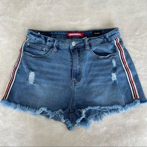 Unionbay, distressed Roxie red stripe denim cutoff shorts, size 9/29